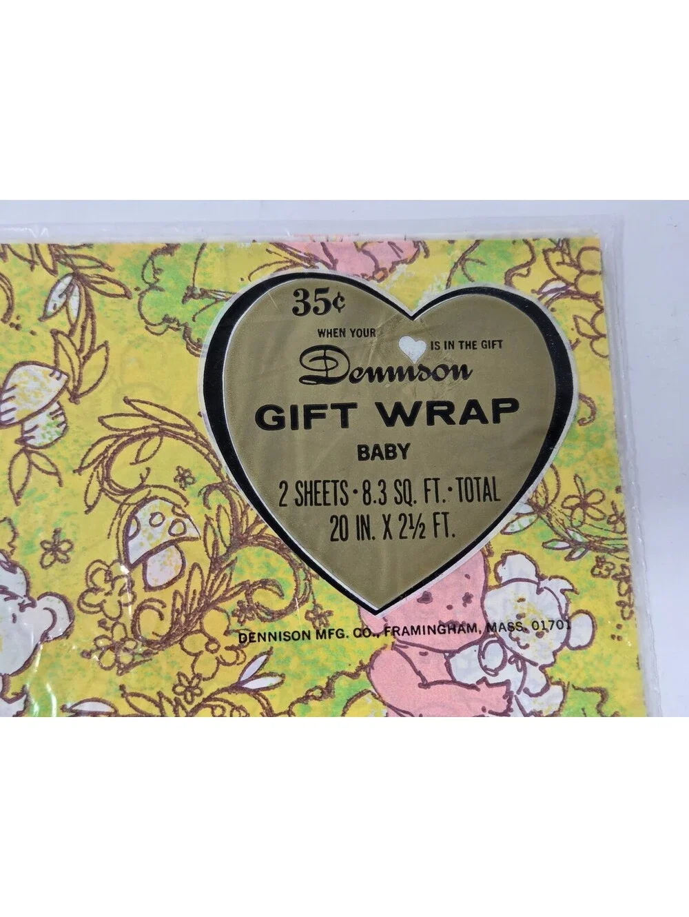 Vintage Dennison Baby Gift Wrap 2 Sheets 20 in x 2.5 ft Yellow Floral Baby Print